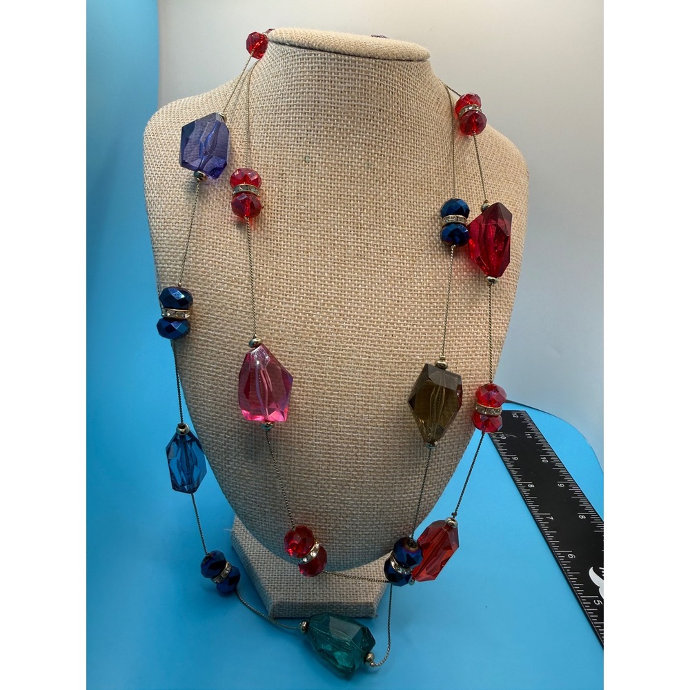 Long Multicolor Faceted Acrylic Bead‎ Station Necklace Gold Tone Jewel Tone 42"
